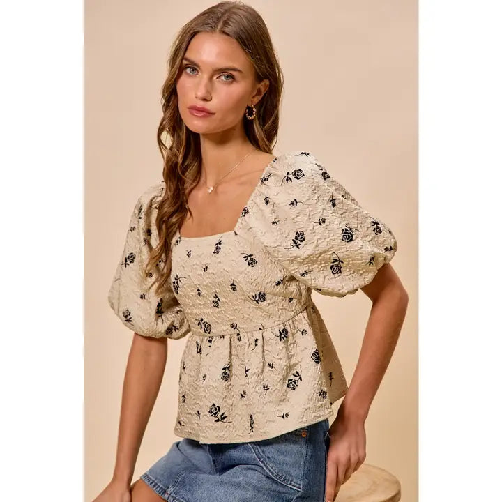 Rose Print Square Neck Baby Doll Top
