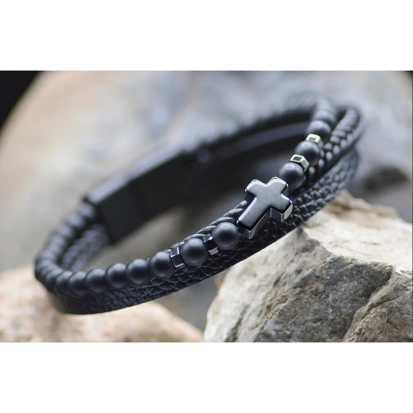 Cross Leather Black Beaded Bracelet - Eden Merry Bracelet