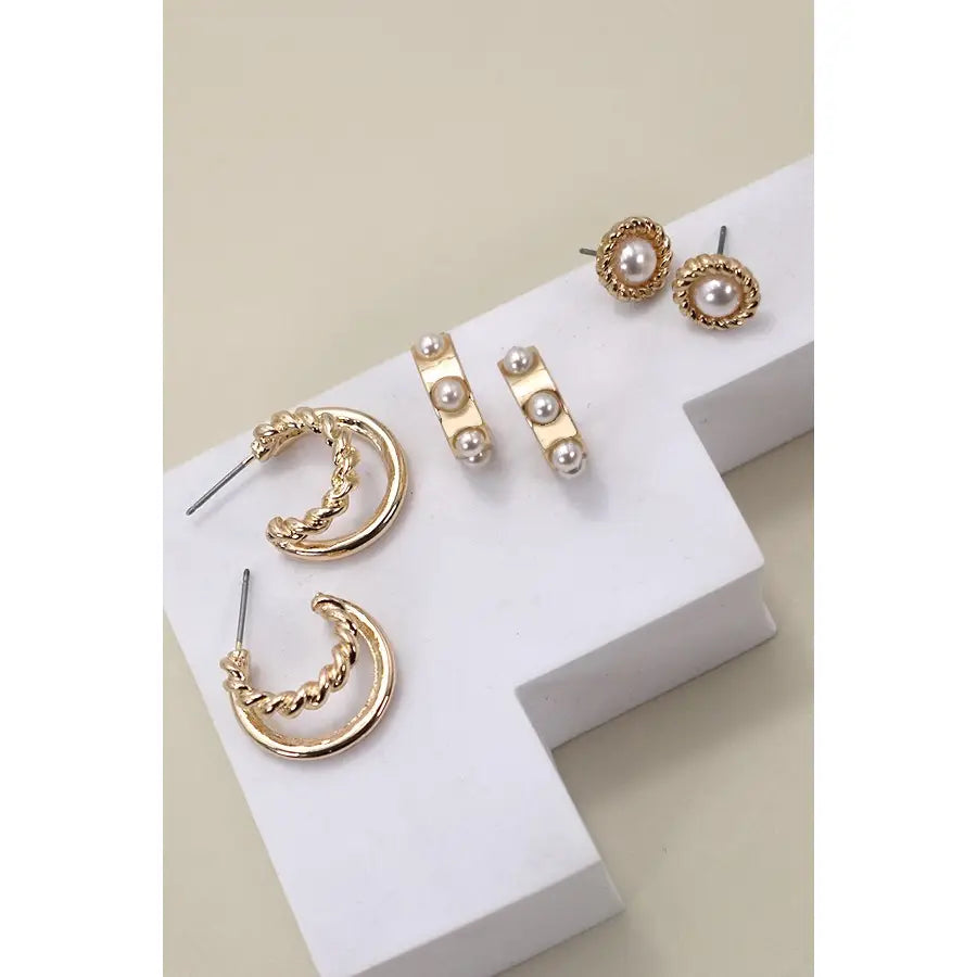 Gold Pearl Trio Earring Set