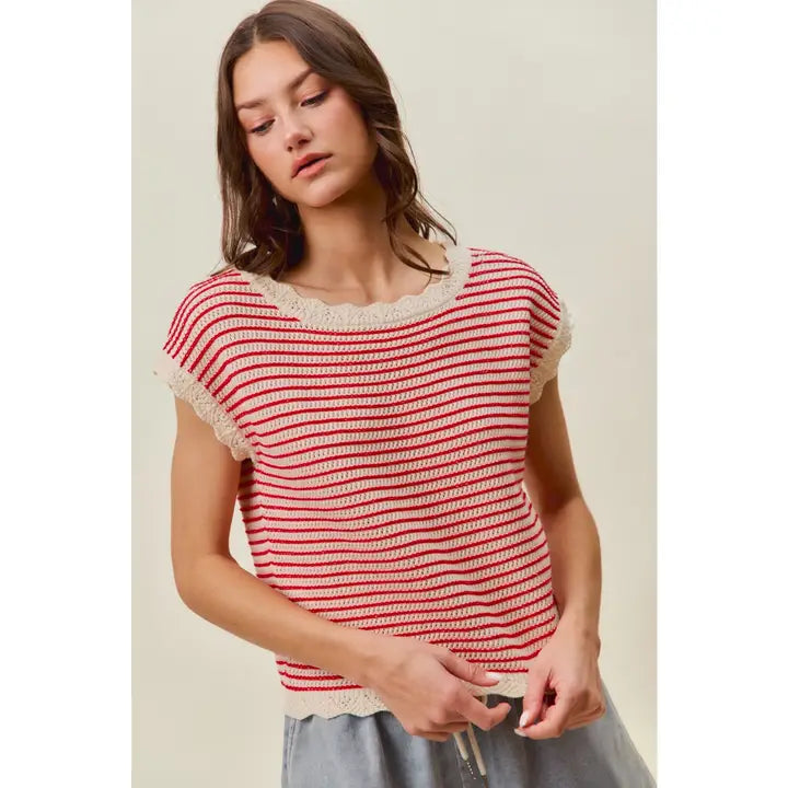 White and Red stripe scallop edge sweater