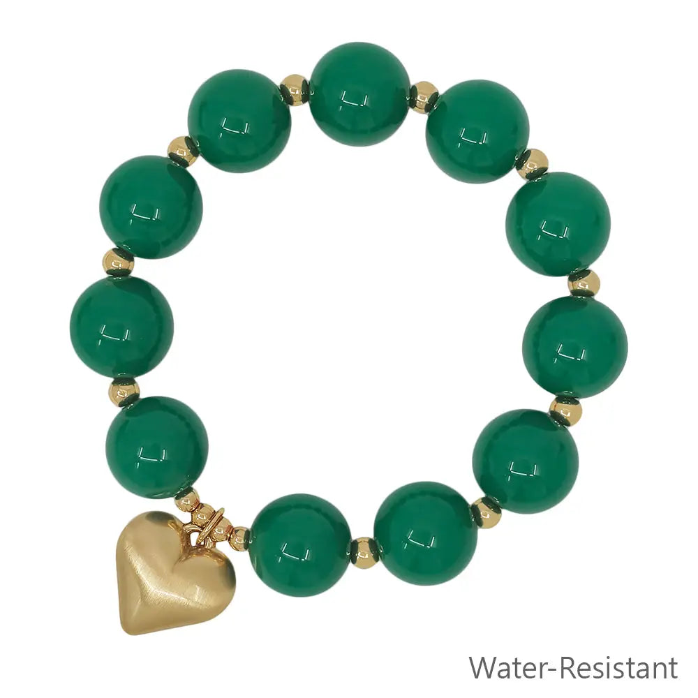 Matte Gold 16mm Green Beaded Stretch Bracelet