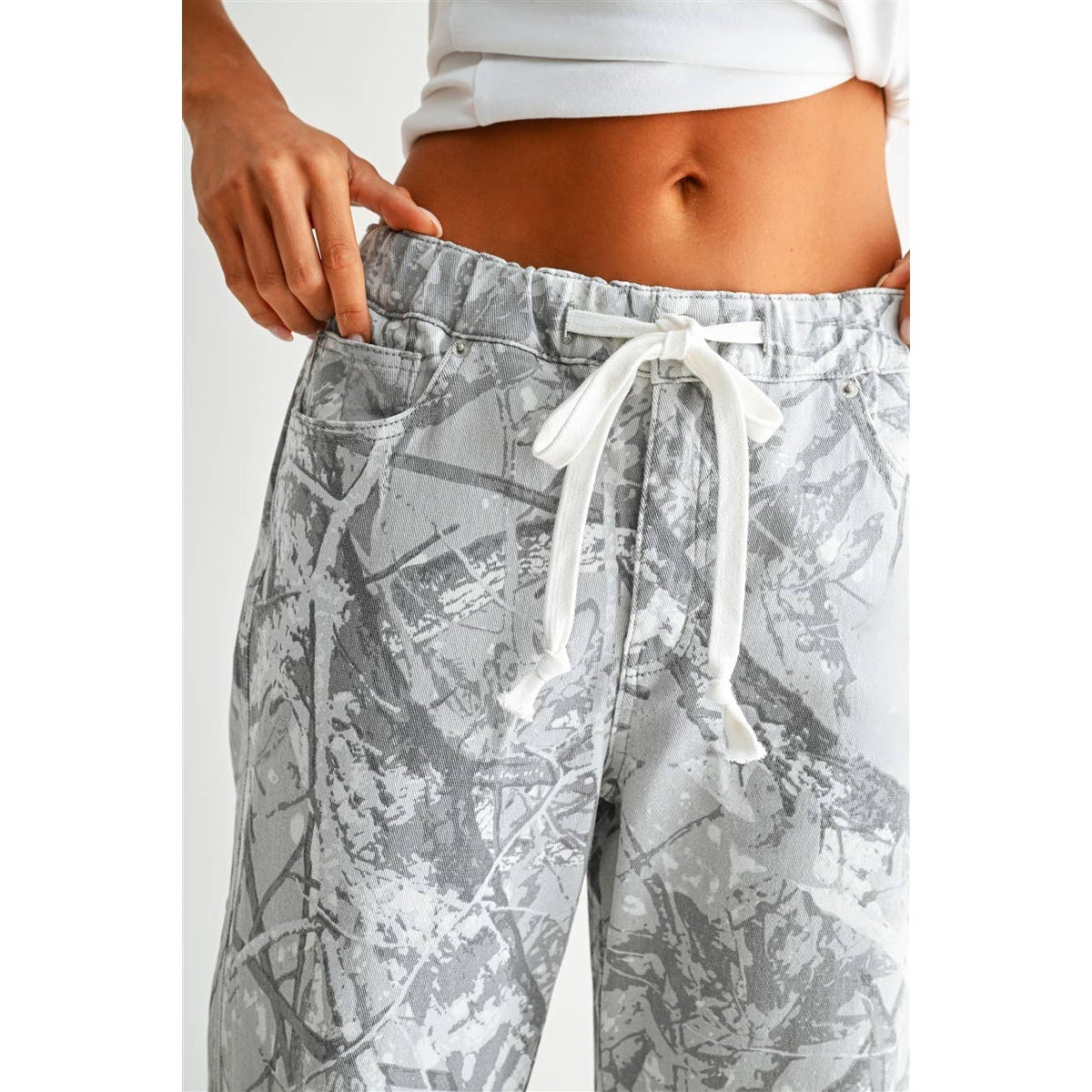 Camo High Rise Wide Ankle Denim Drawstring Pant