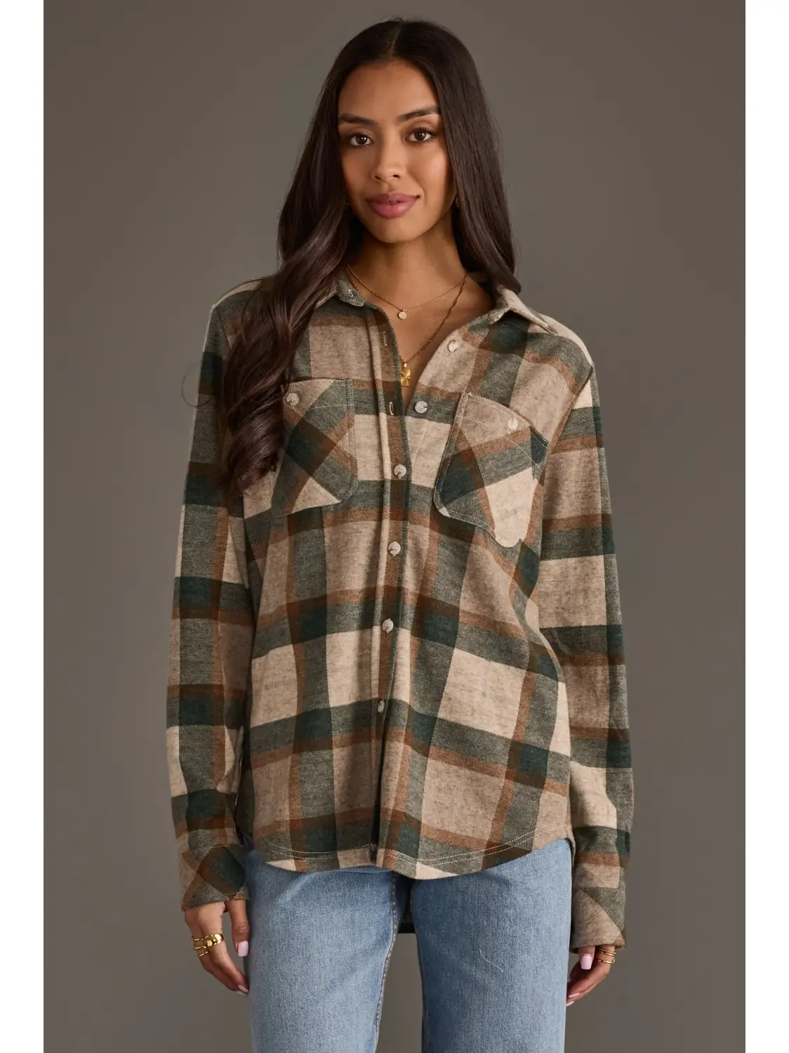 Tan, Dark Green & Rust Plaid Button Up