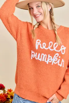 Hello Pumpkin Embroidered Knit Sweater