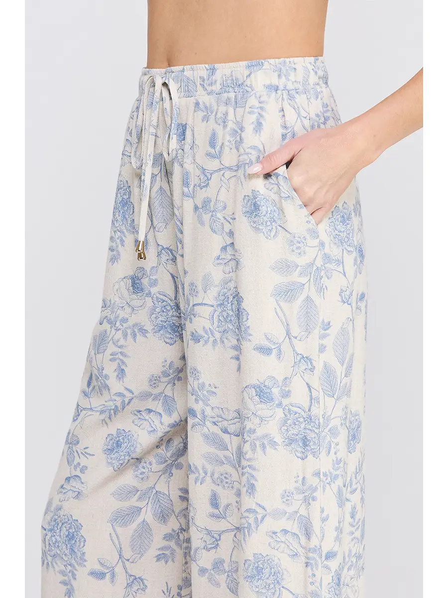 Printed Soft Linen Elastic Tie Waist Wide Leg Pants