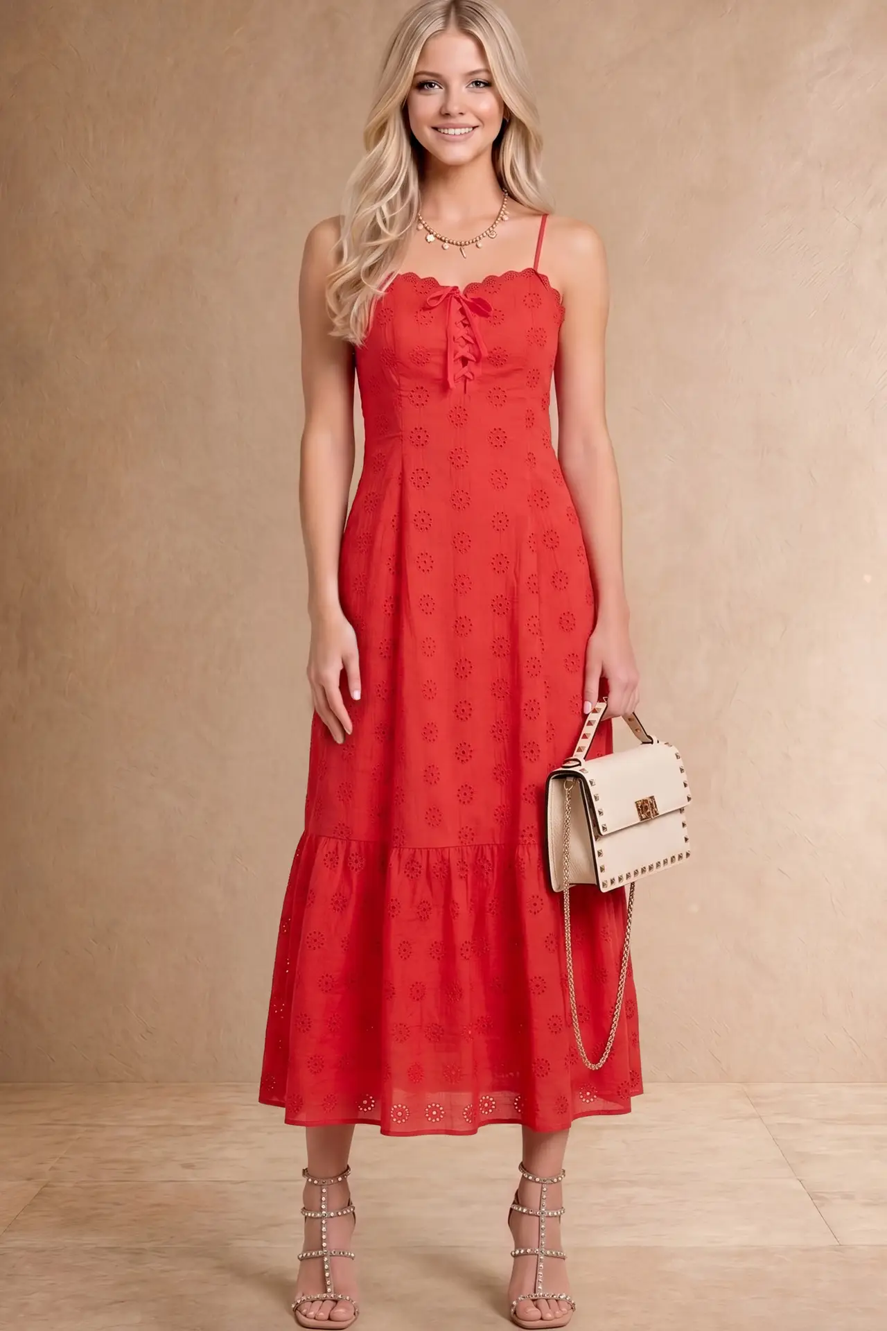Eyelet Lace-Up Spaghetti Strap Midi Dress