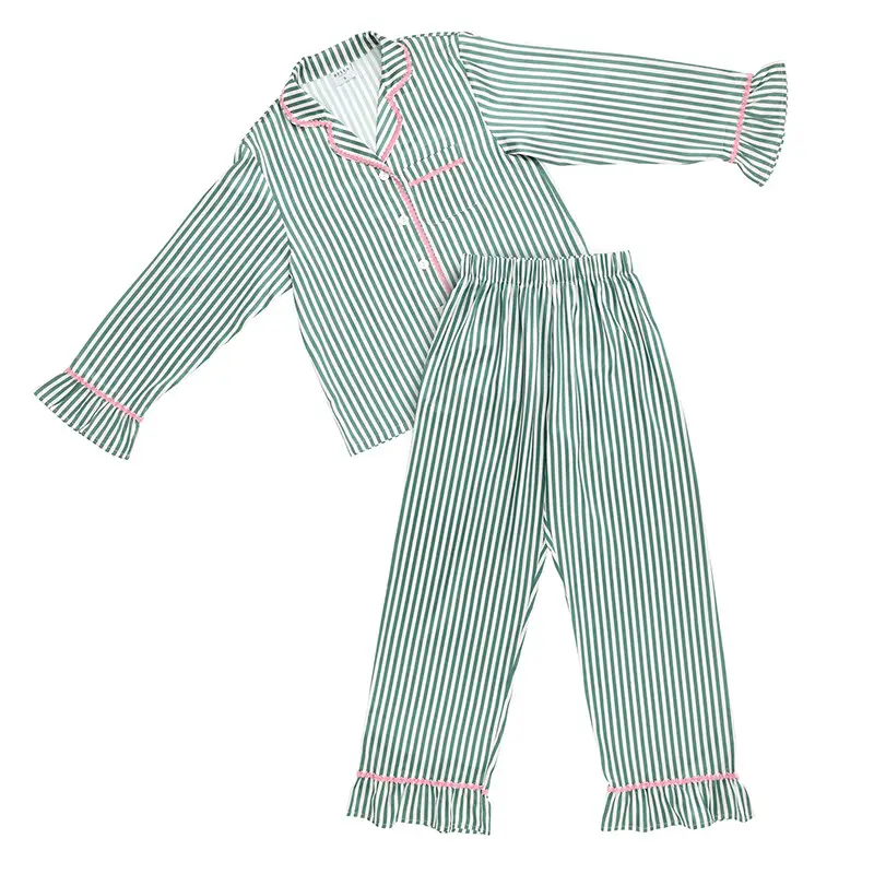 Ruffled Pj Set - Ivory + Green Stripes with Pink Trim