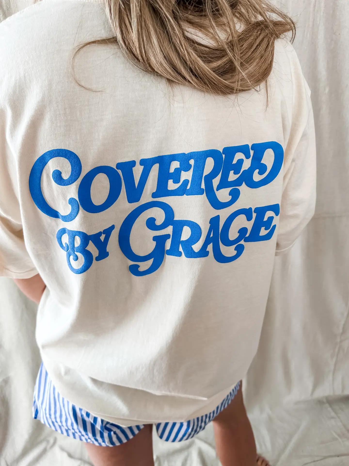 Covered By Grace Blue Puff- Ivory Tee