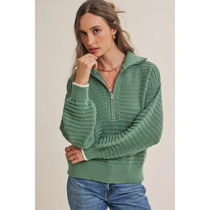 Mountain Air Crochet Texture Half-Zip Cotton Blend Sweater