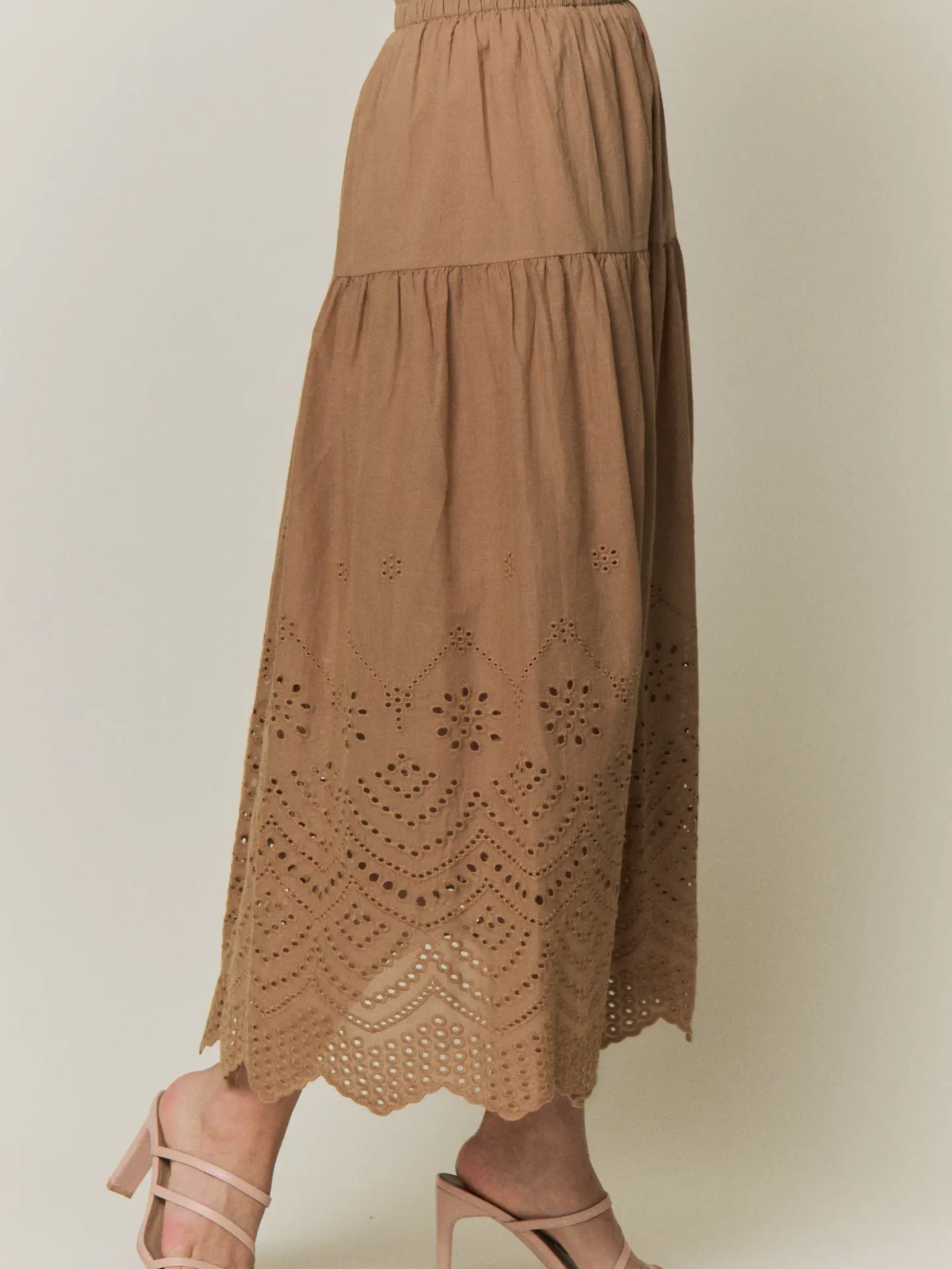 Tiered Eyelet Scalloped Midi Skirt