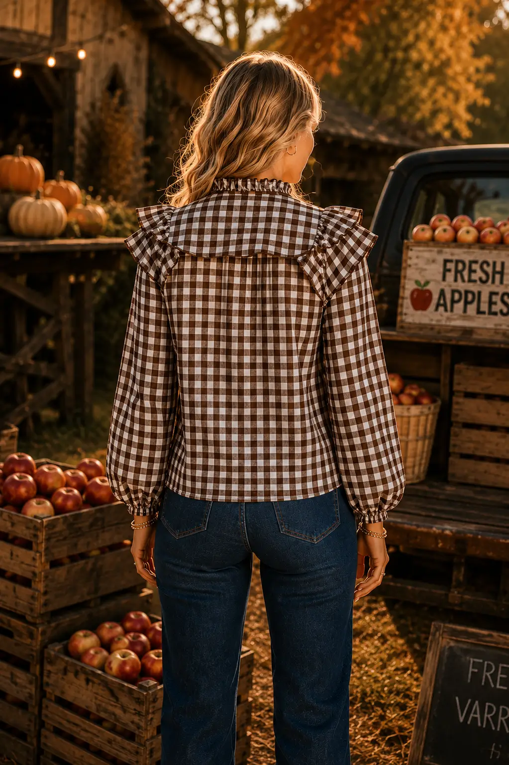 Ruffle Collar Gingham Tie Neck Blouse