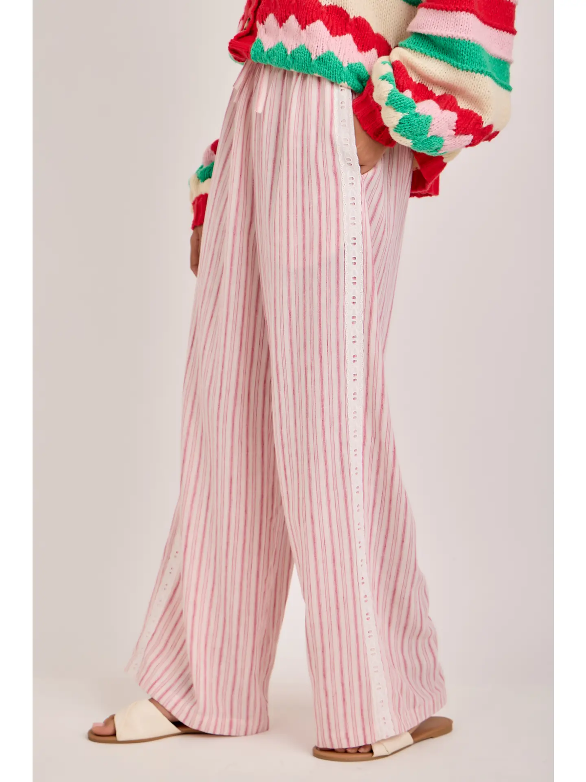 Casual Red Pants with Delicate Ribbon Trim