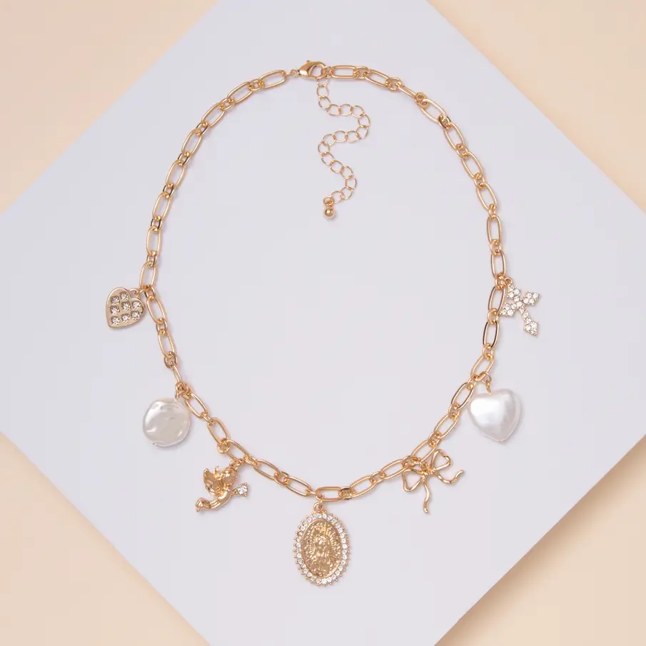 Faith Pearl Rhinestone Embellished Multi Charm Necklace