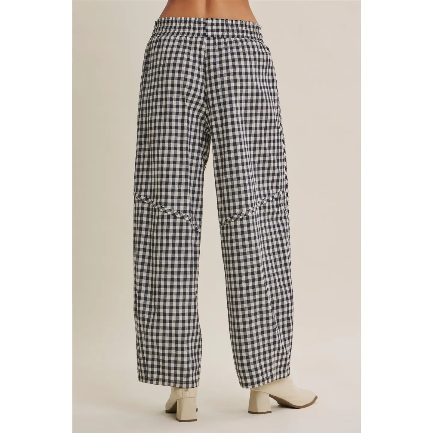Navy Relaxed Gingham Barrel Pants