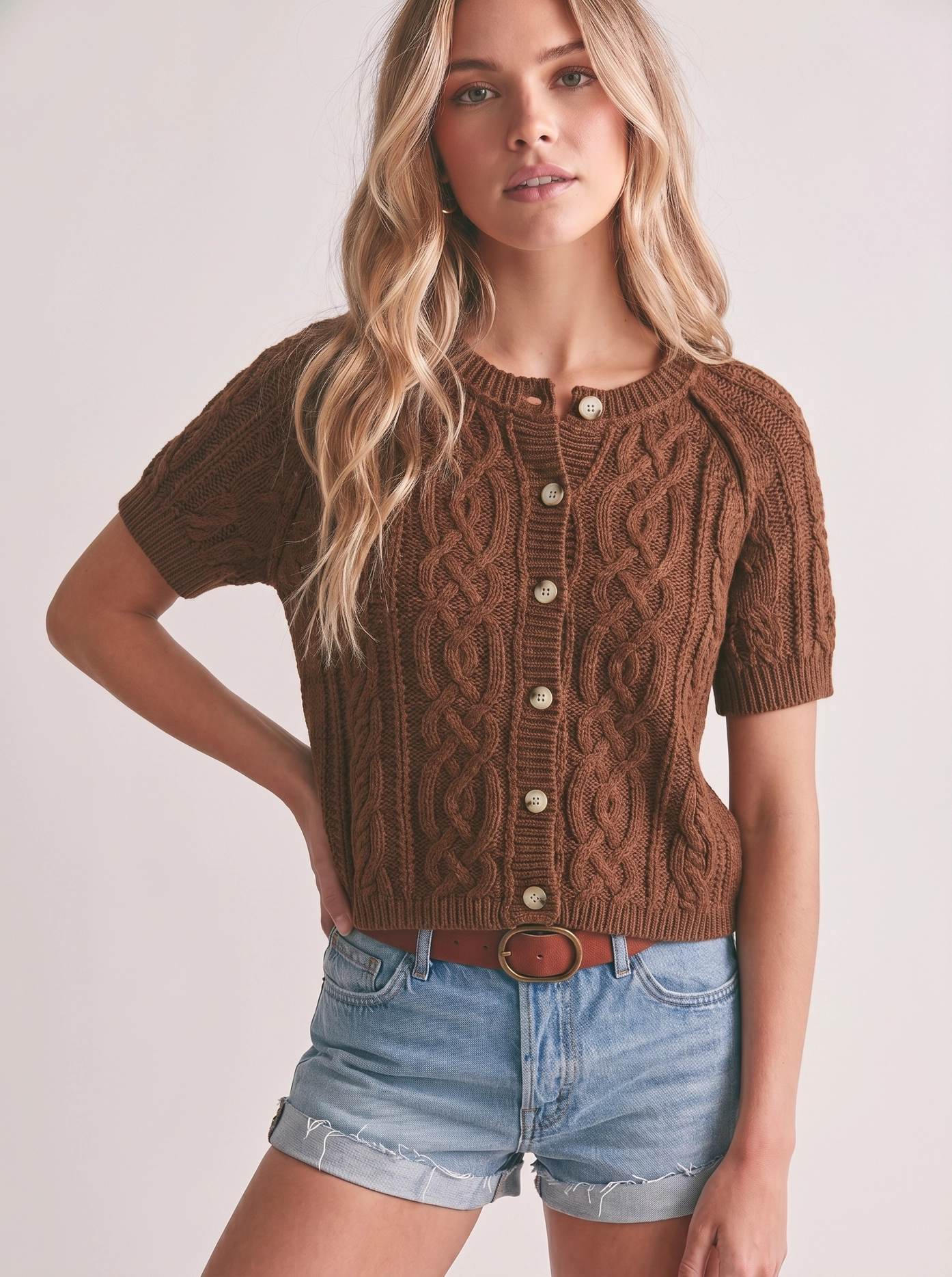 Cable Knit Button-Up Short Sleeve Top