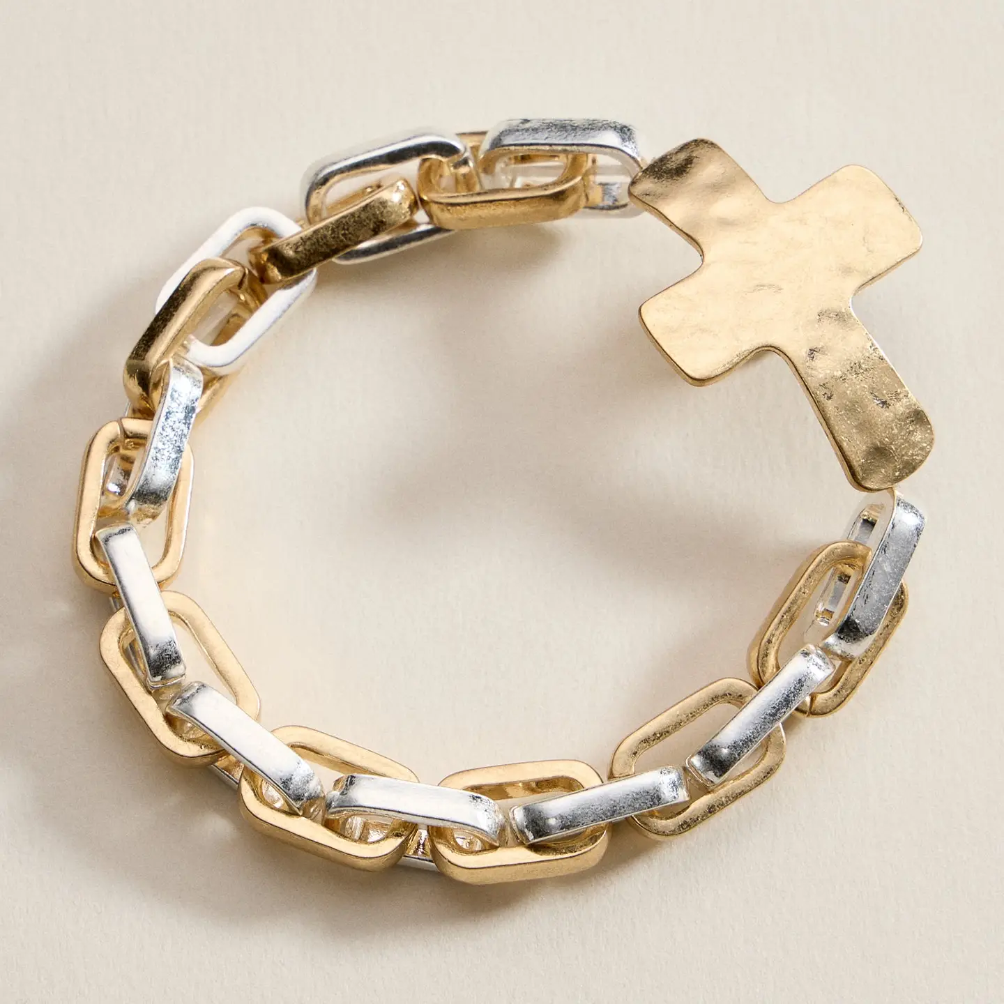 Hammered Cross Charm Chain Bracelet: Two-Tone