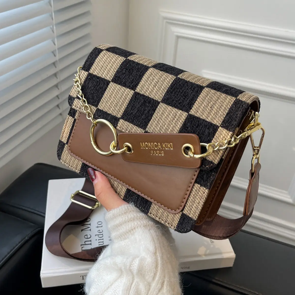 Checkered & Woven Fabric Crossbody Bag