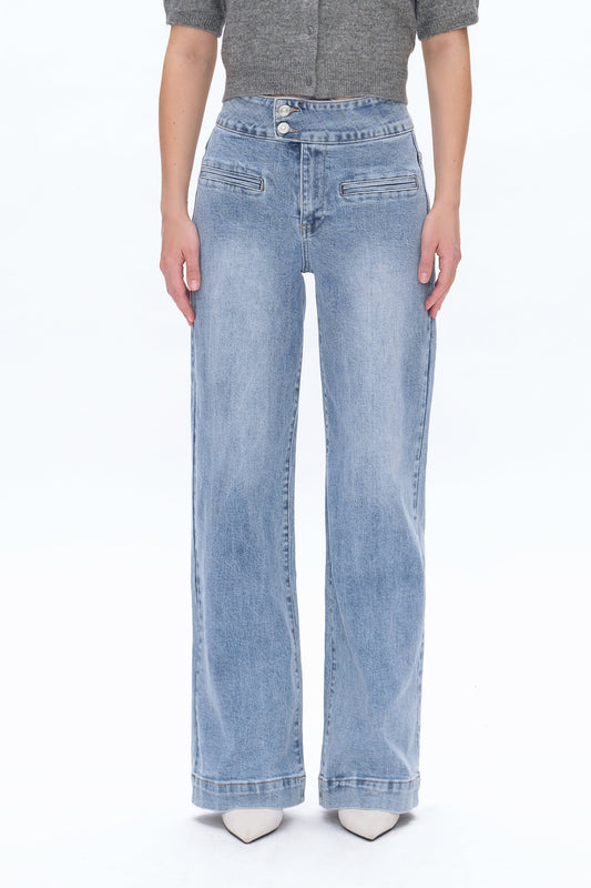 Bayeas High Rise Side Button Wide Leg Jeans