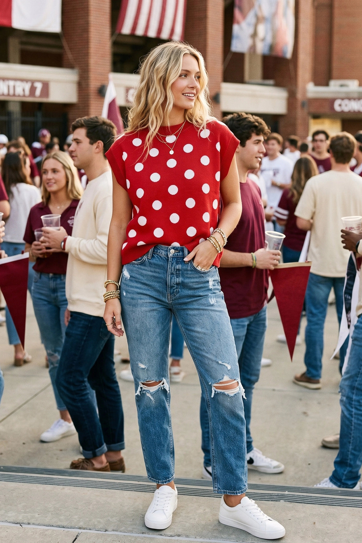 Red Gameday Polka Dot Sleeveless Knit Top