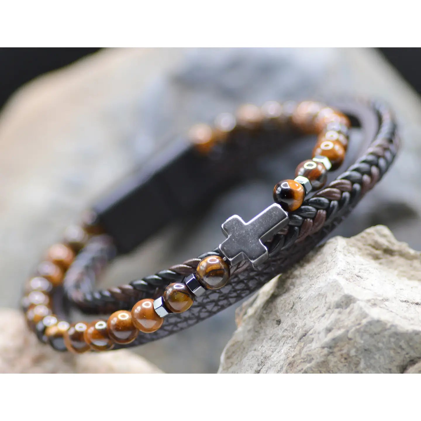 Cross Leather Brown Beaded Bracelet - Eden Merry Bracelet