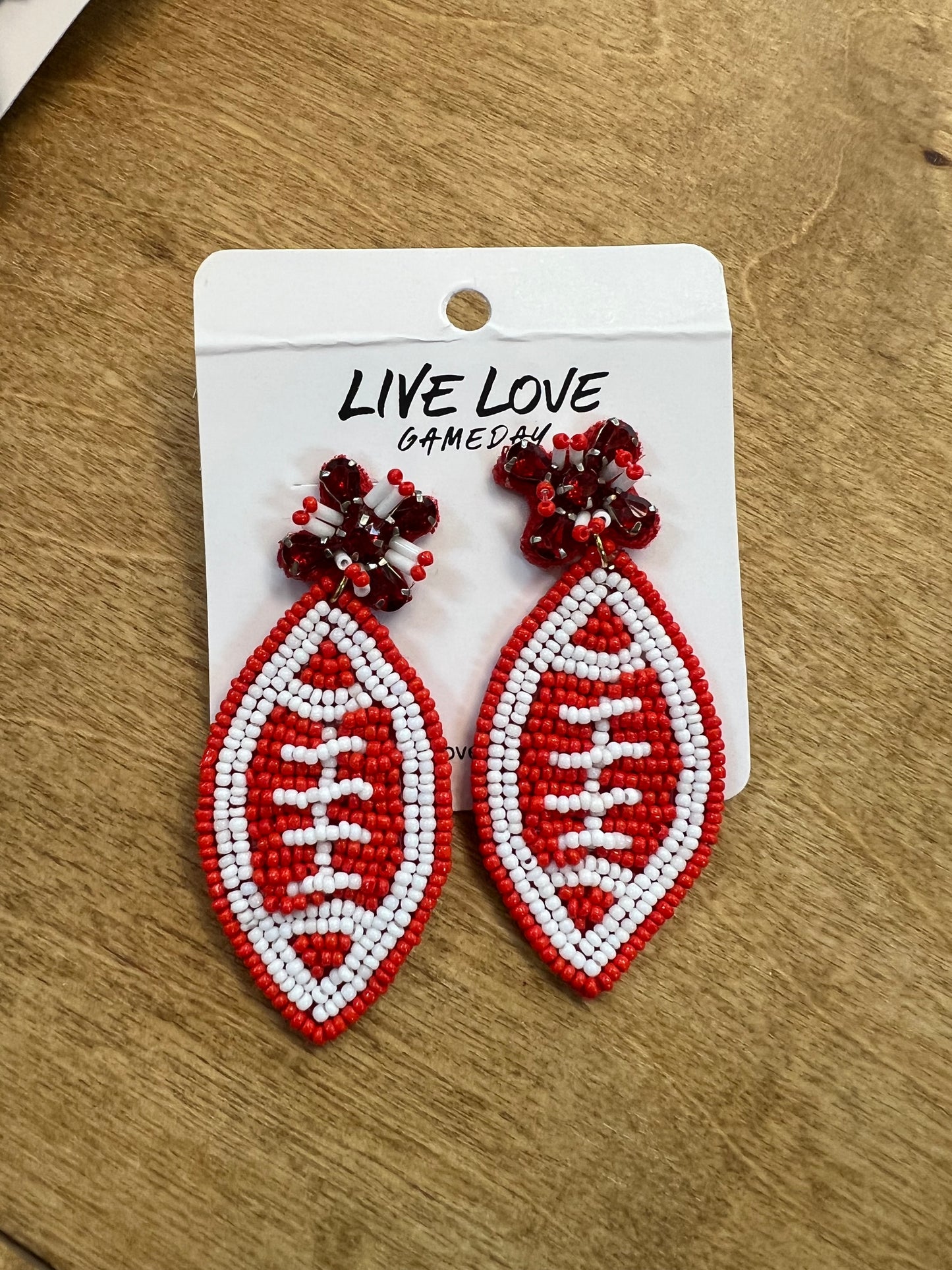 Red/White Football Beaded Earrings