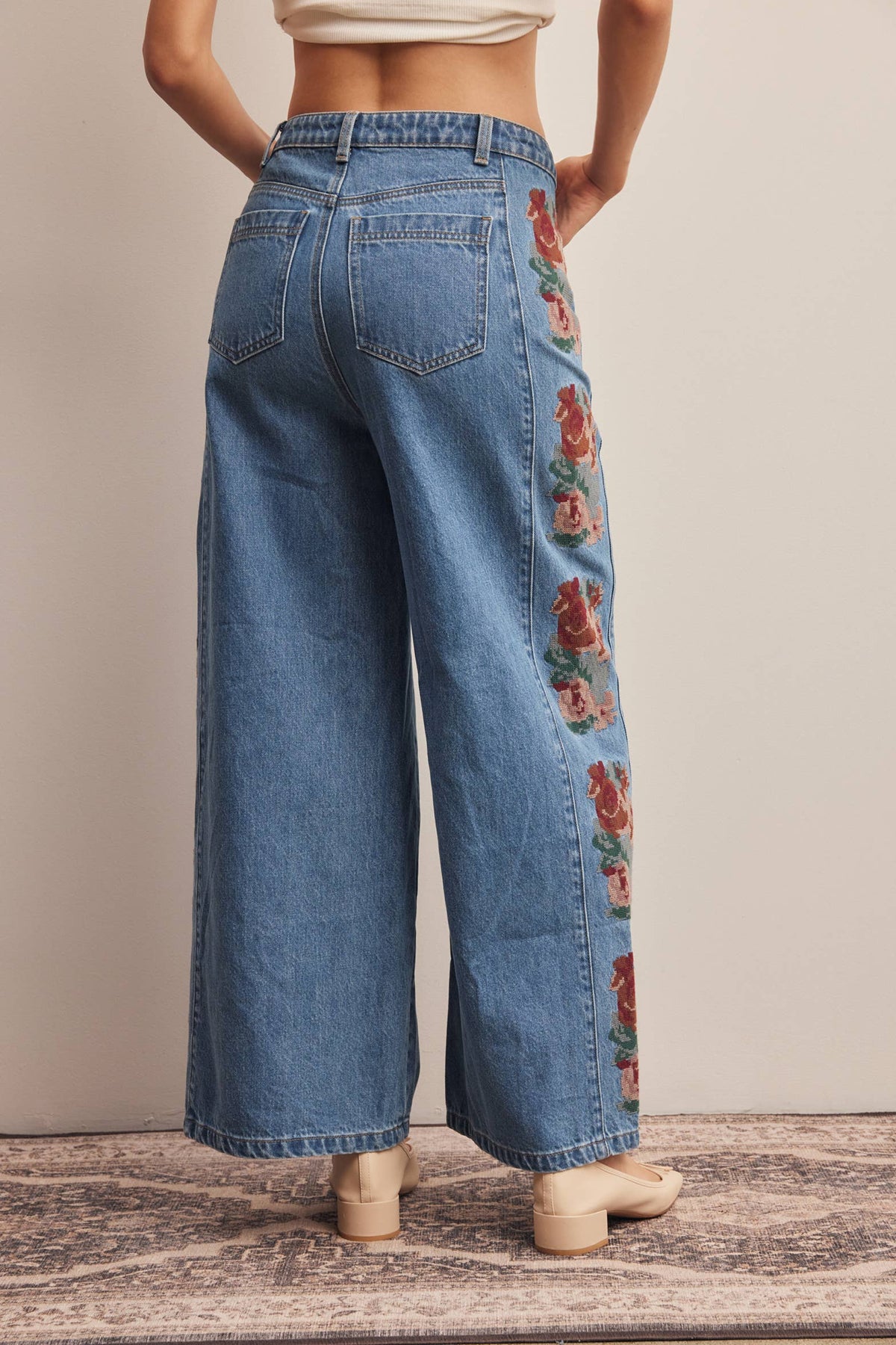 Floral Embroidered Wide Leg Jeans