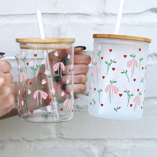 Bows & Flowers 17oz Glass Mug with Lid/Straw