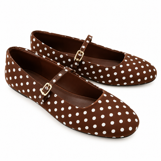 Brown Polka Dot Mary Jane Flats With Adjustable Strap