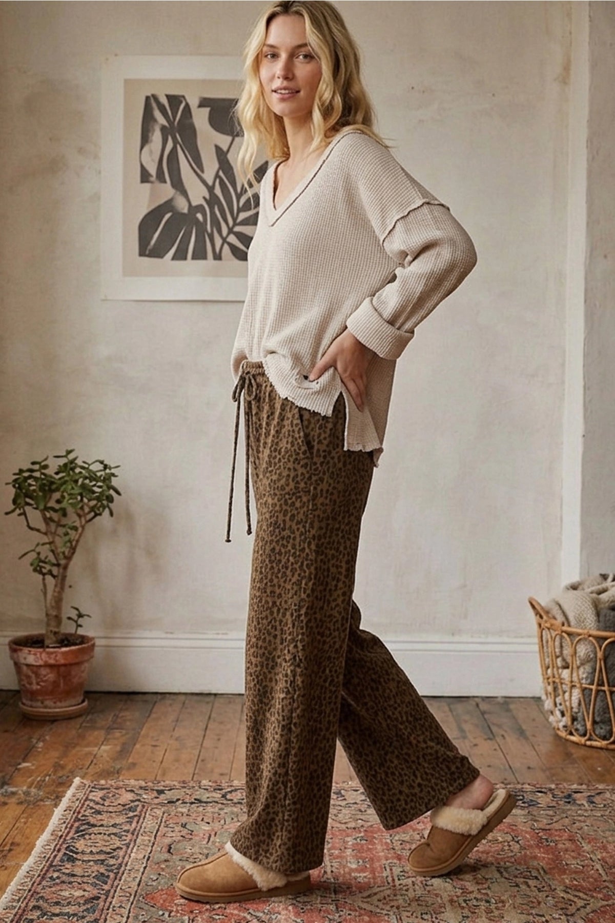 Leopard Wide Leg Drawstring Pants