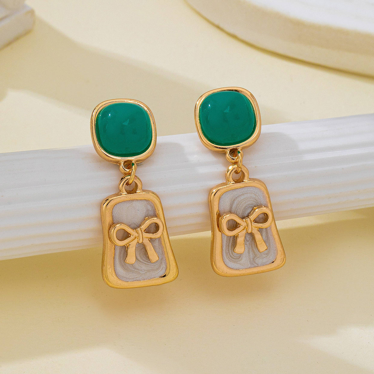 Green Stone and Enamel Bow Drop Earrings