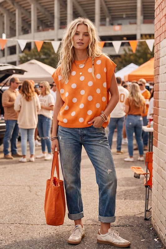 Orange Gameday Polka Dot Sleeveless Knit Top
