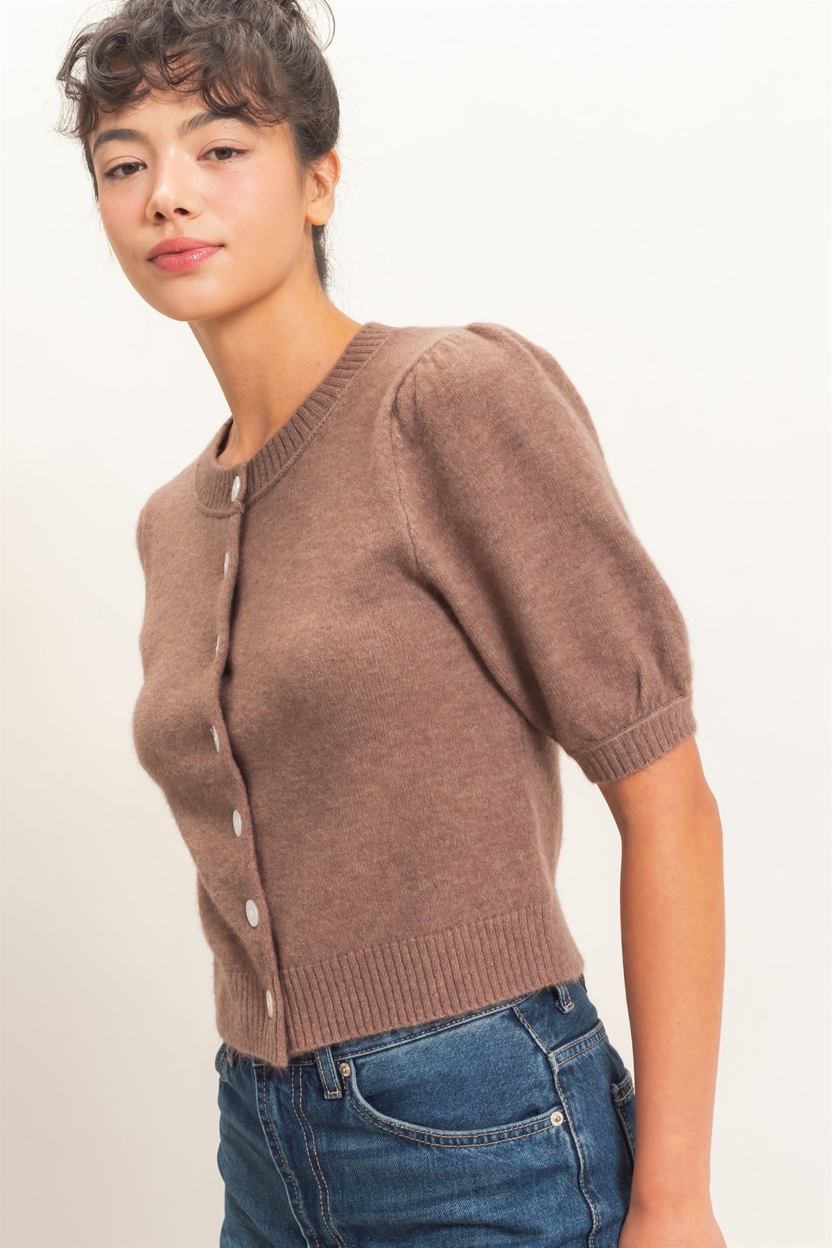 Button Front Puff Short Sleeve Cardigan