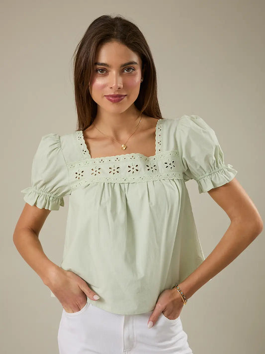 Sage Square Neck Short Sleeve Eyelet Blouse