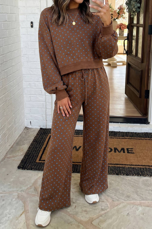 Brown and Blue Polka Dot Casual Shift Drawstring Pants Set