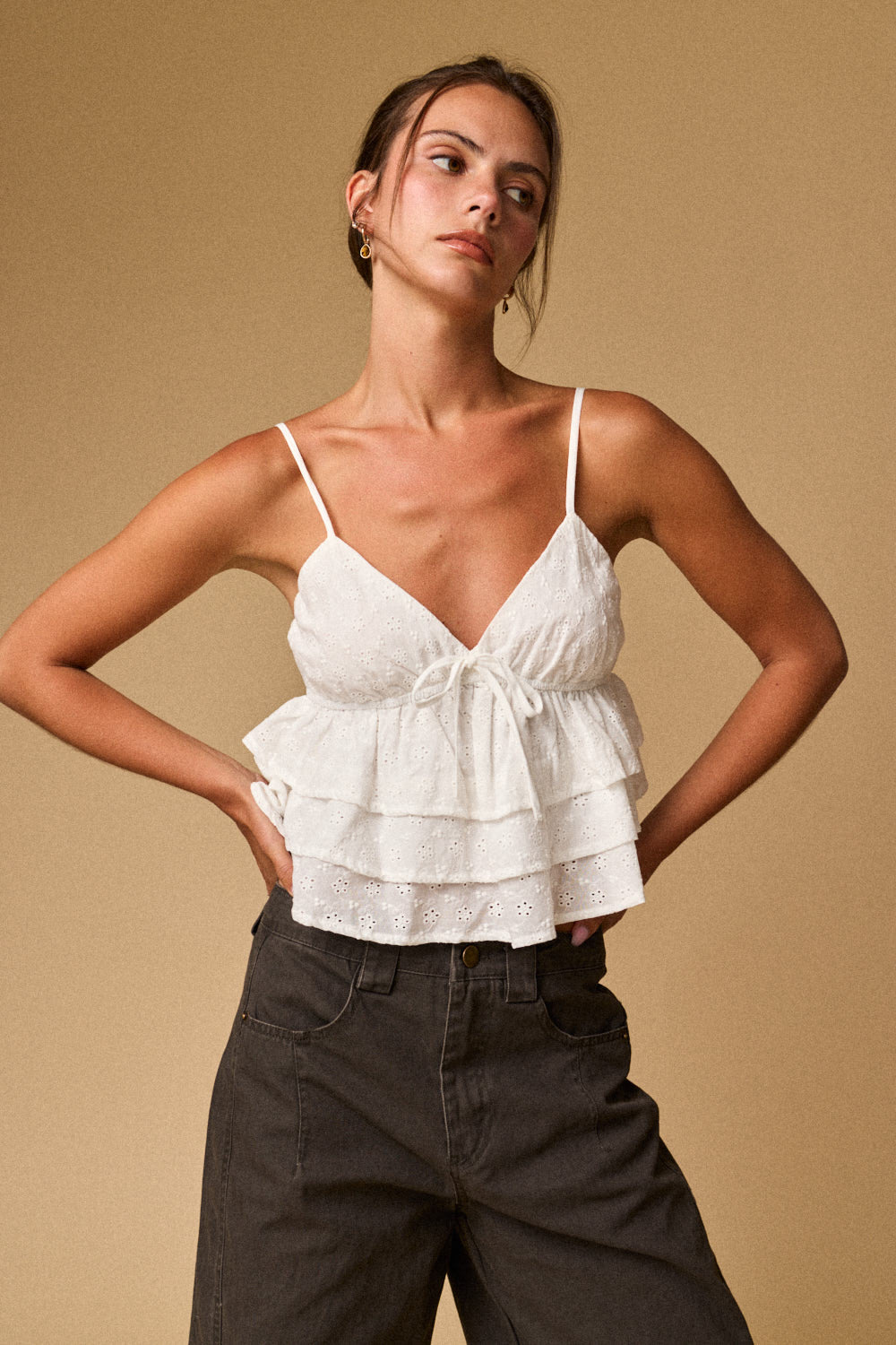 Eyelet Ruffle Tie Front Cami Top