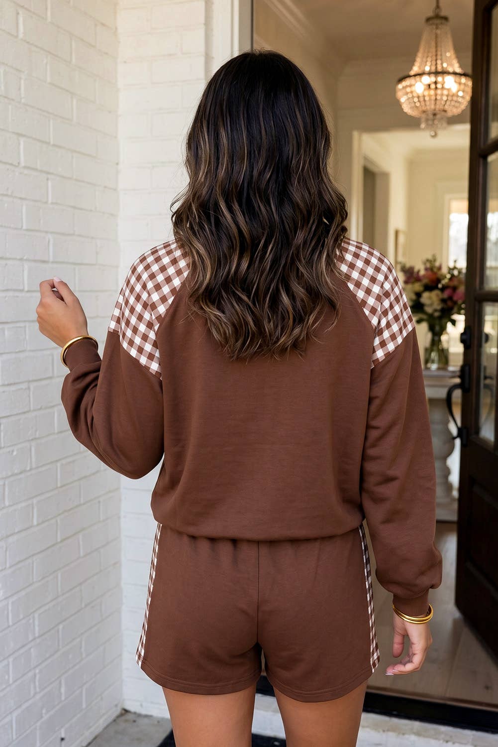 Brown Plaid Patchwork Short Set