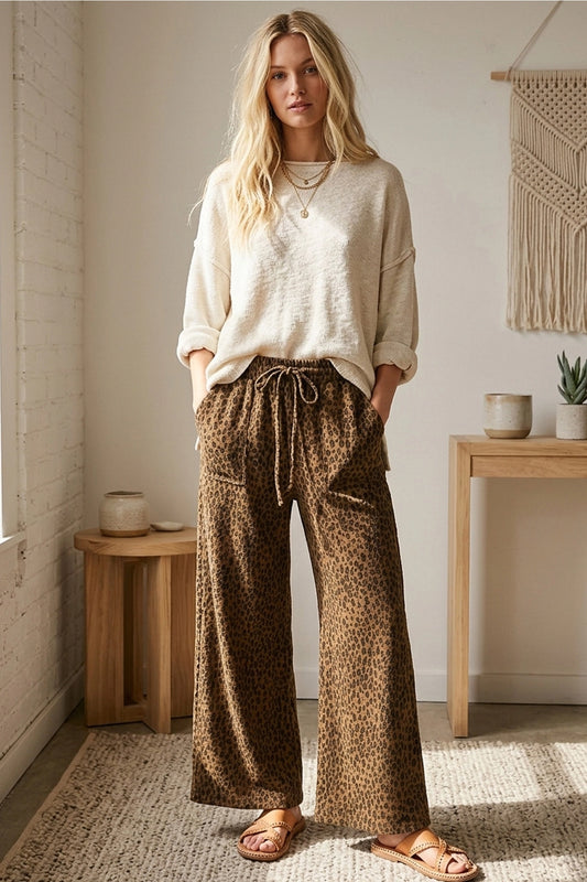 Leopard Wide Leg Drawstring Pants