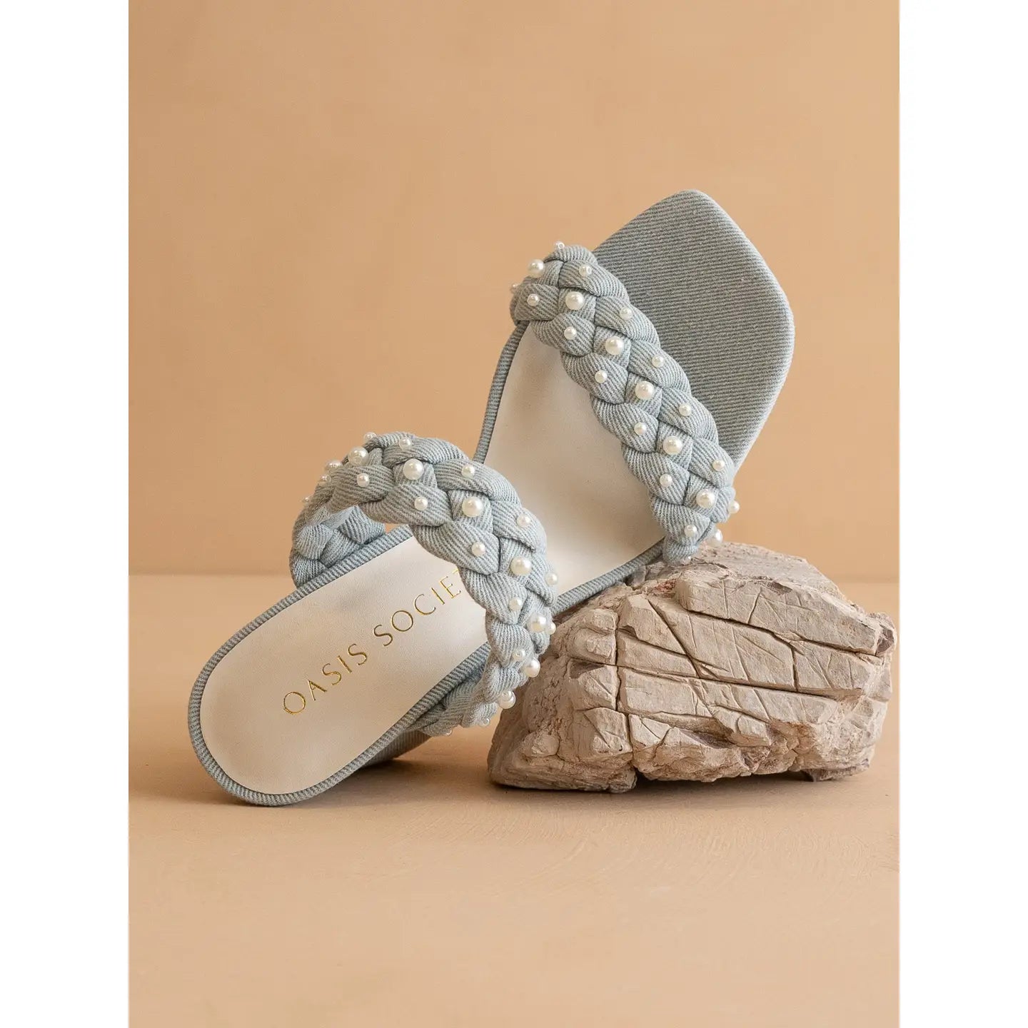 Denim Braided Pearl Heeled Sandals