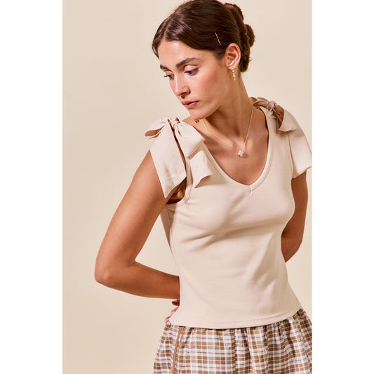 V neck rib knit tank top with shoulder tie strap details