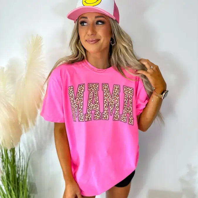 Neon Pink Leopard Mama Graphic Tee