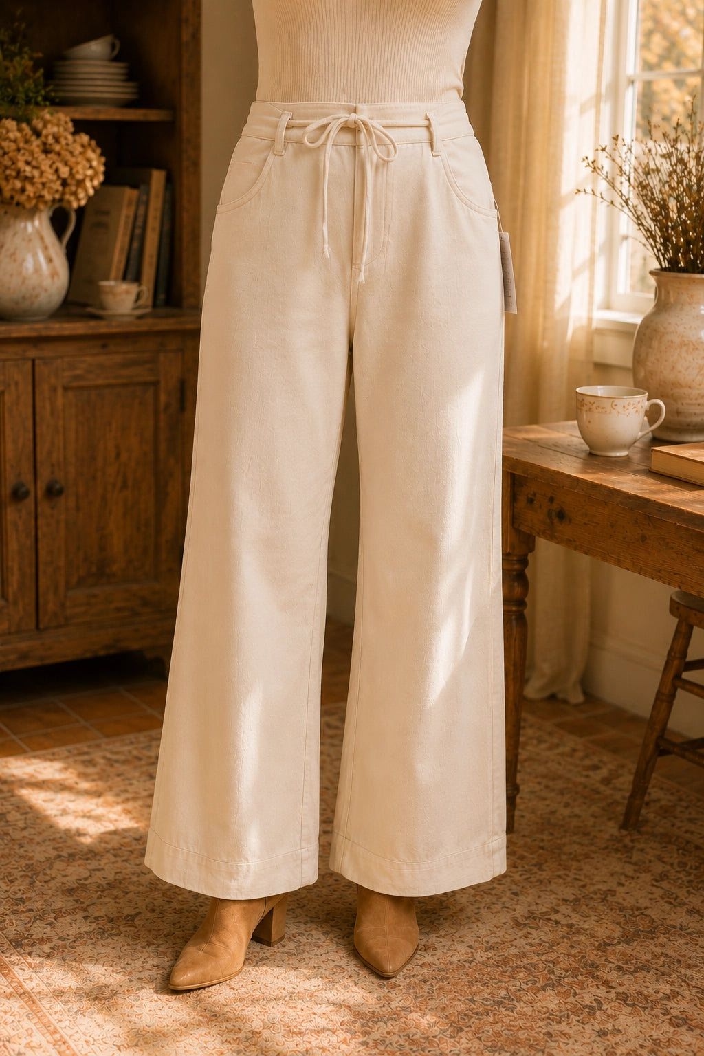 Drawstring Waist Wide Leg Knit Pants