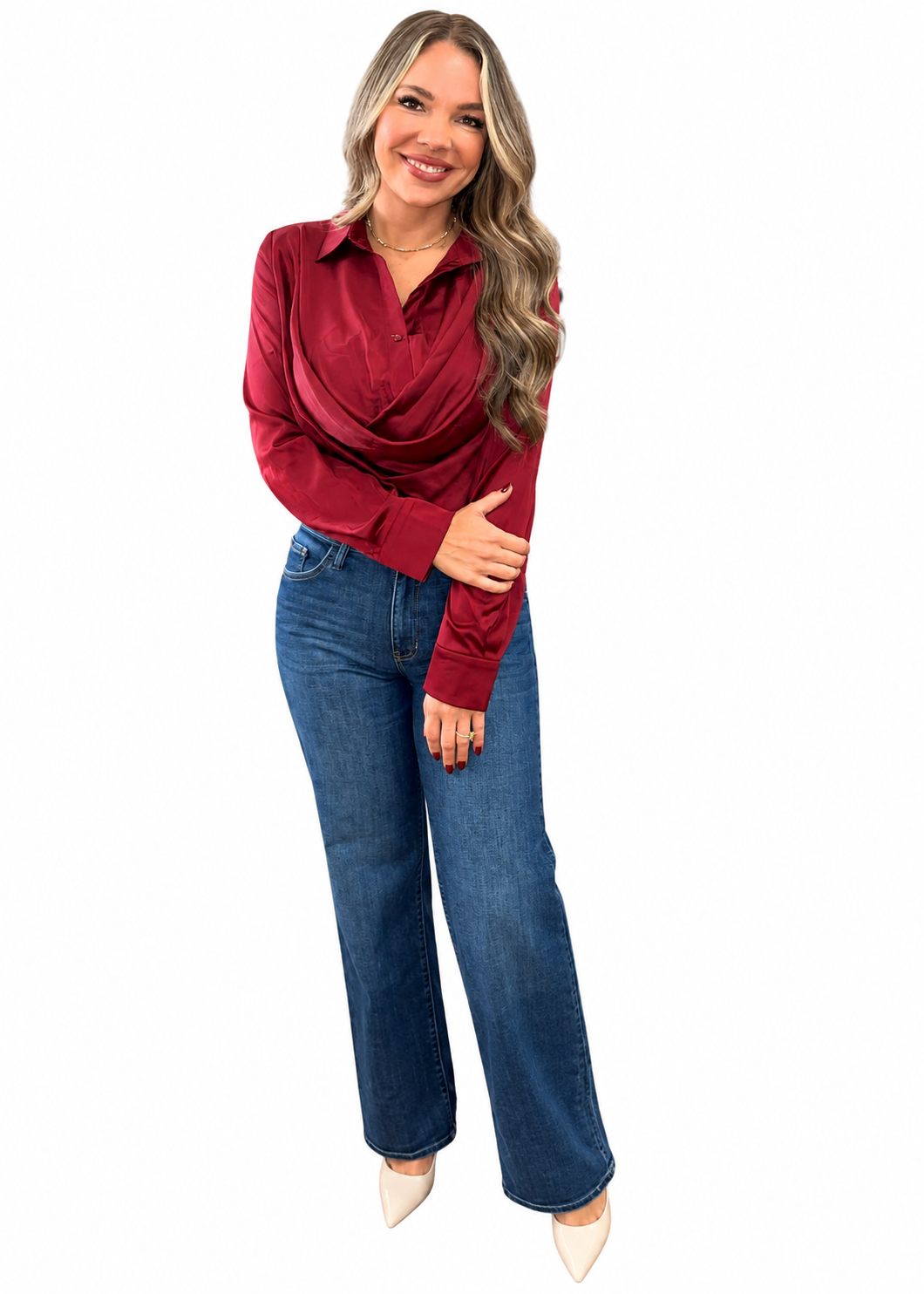 Stretch Satin Cowl Neck With Button Detail