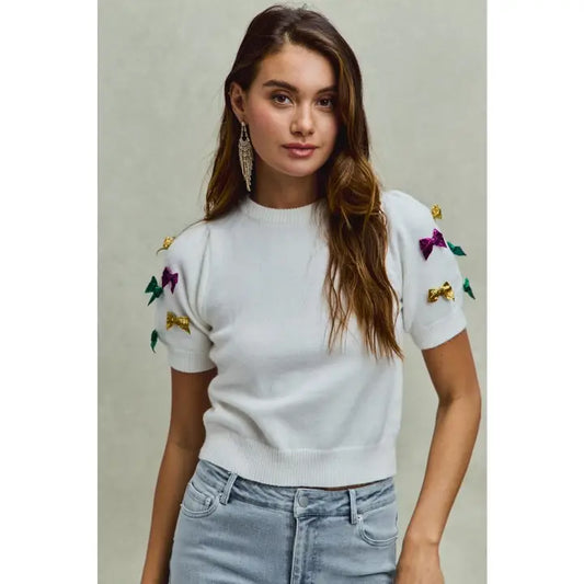Mardi Gras Glitter Bow Sleeve Sweater Top