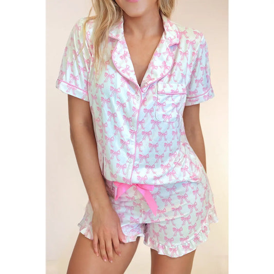 Bow Short Sleeve Button Up PJ Set