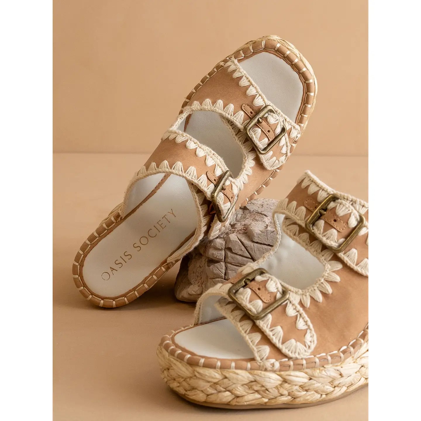 Camel Embroidered Espadrille Wedges