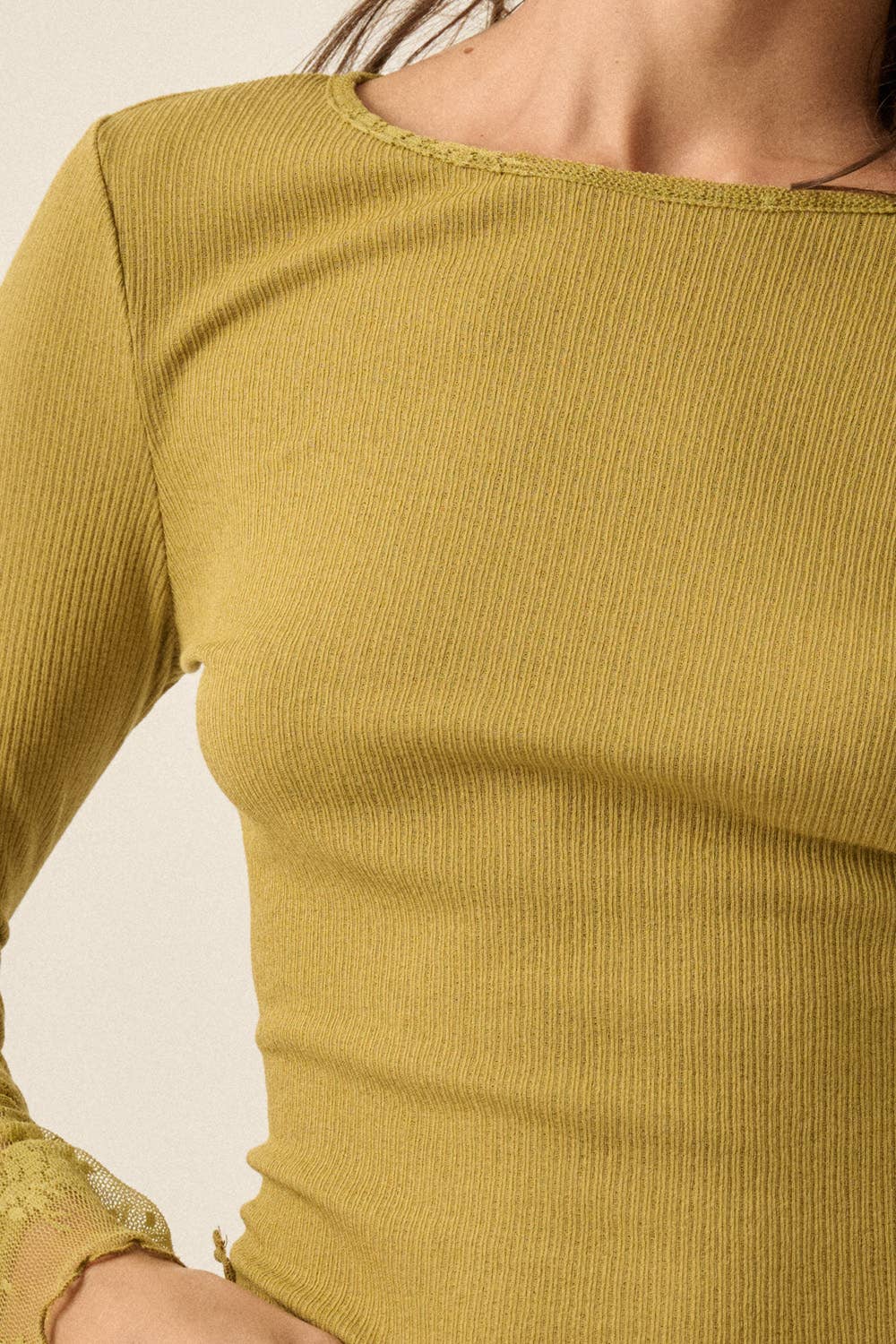 Moss Green Solid Ribbed Knit Long Sleeve Lace Cuff Fitted Top