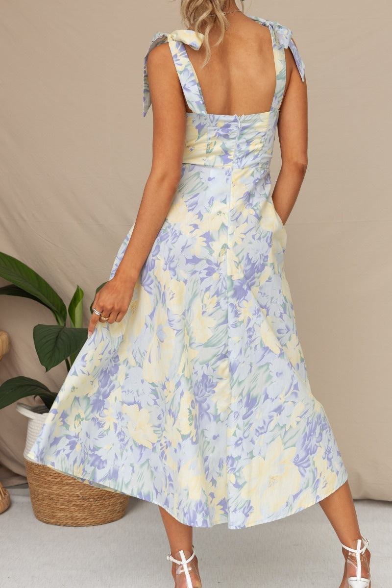 Blue Pastel Floral Sweetheart Midi Dress