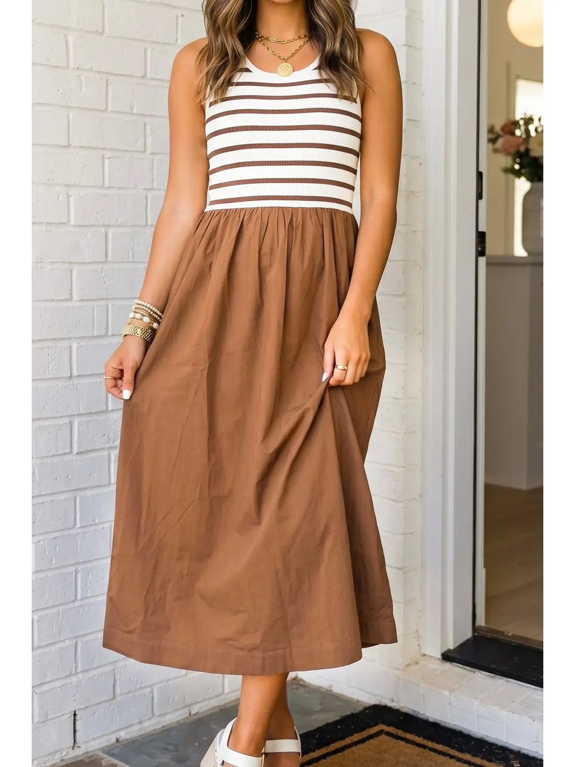 Striped Patchwork Midi Dress - Chestnut