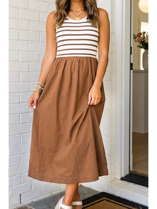 Striped Patchwork Midi Dress - Chestnut