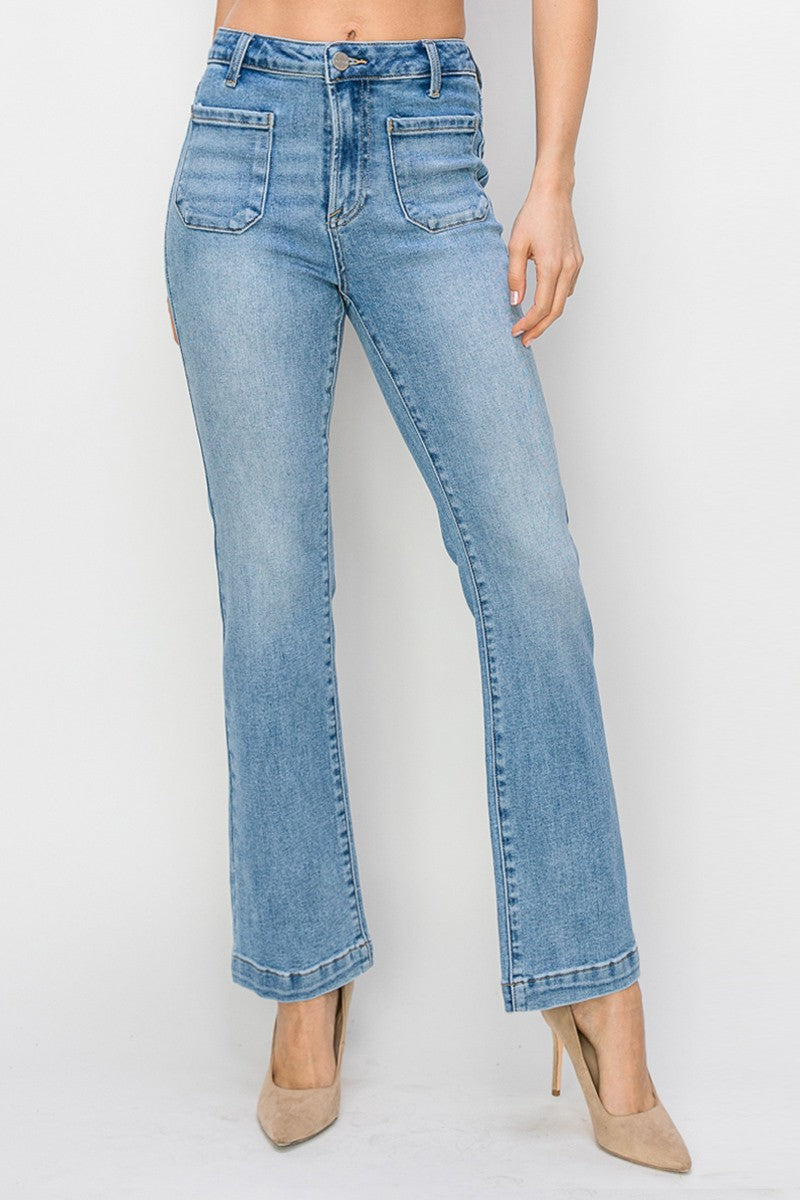 Risen High Rise Patch Pocket Bootcut Ankle Jeans